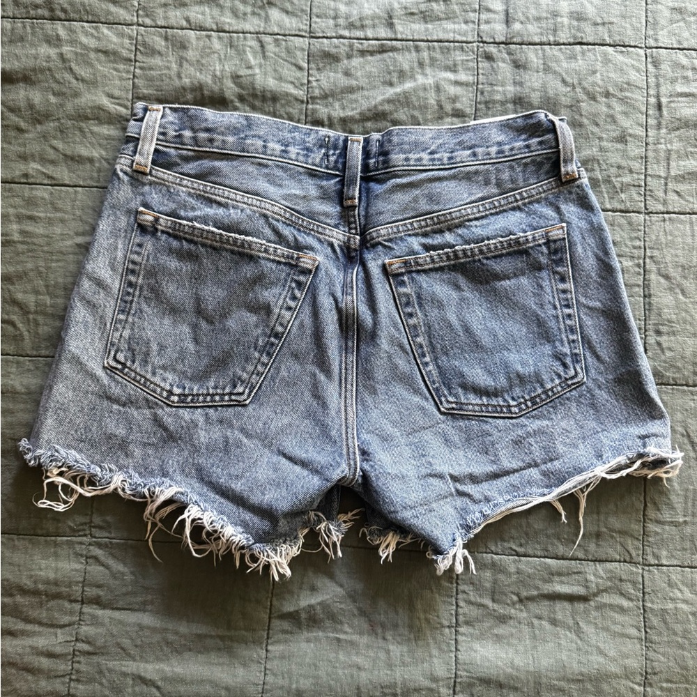 Agolde Parker Long Shorts in Skywave Medium Blue Wash Distressed Denim Shorts - Picture 12 of 12